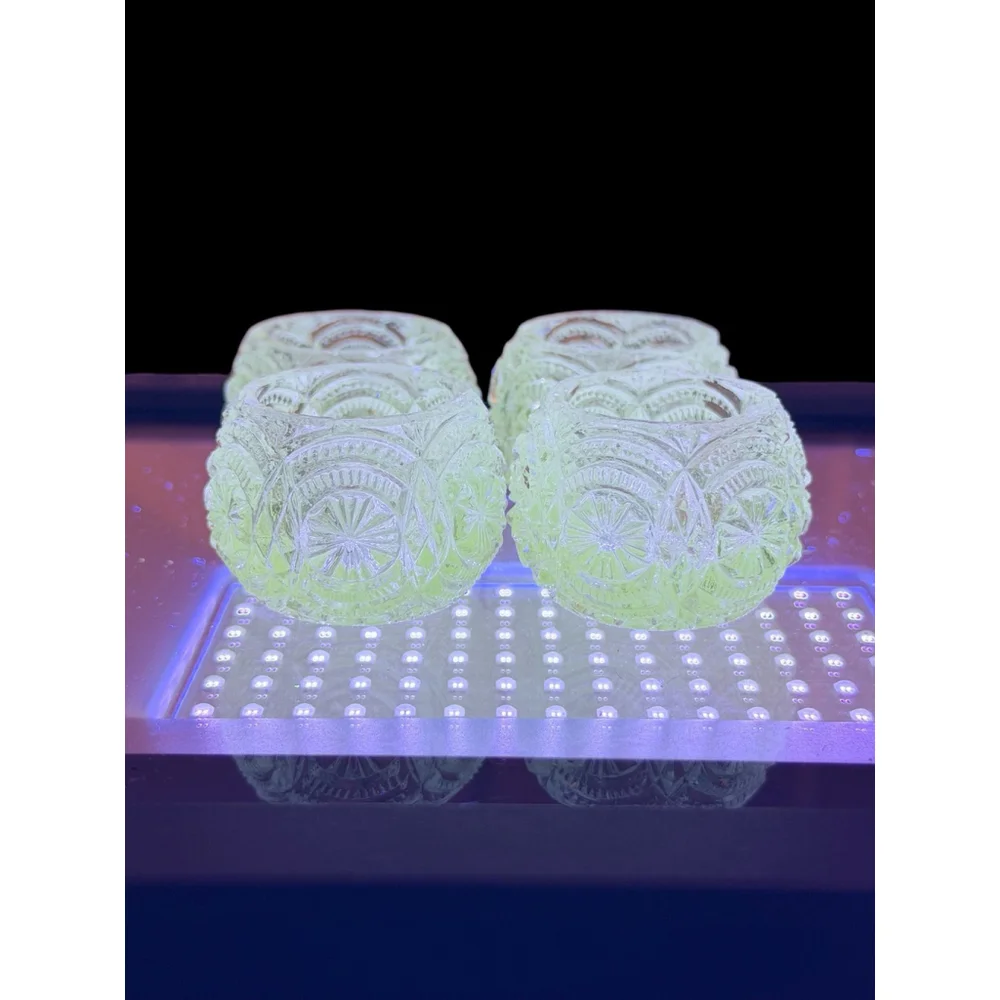 Antique UV Reactive Glass Salt Cellars EAPG Medallion Pattern Strong Glow 1.75”